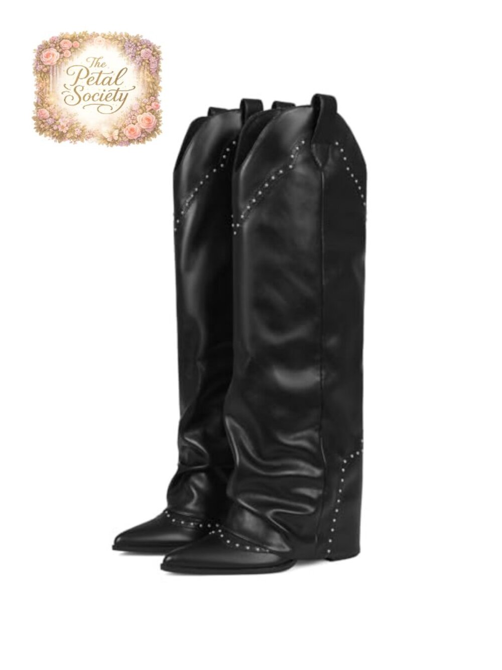 Women's Knee High Cowboy Boots Faux Leather Fold Over Chunky Heel Studded